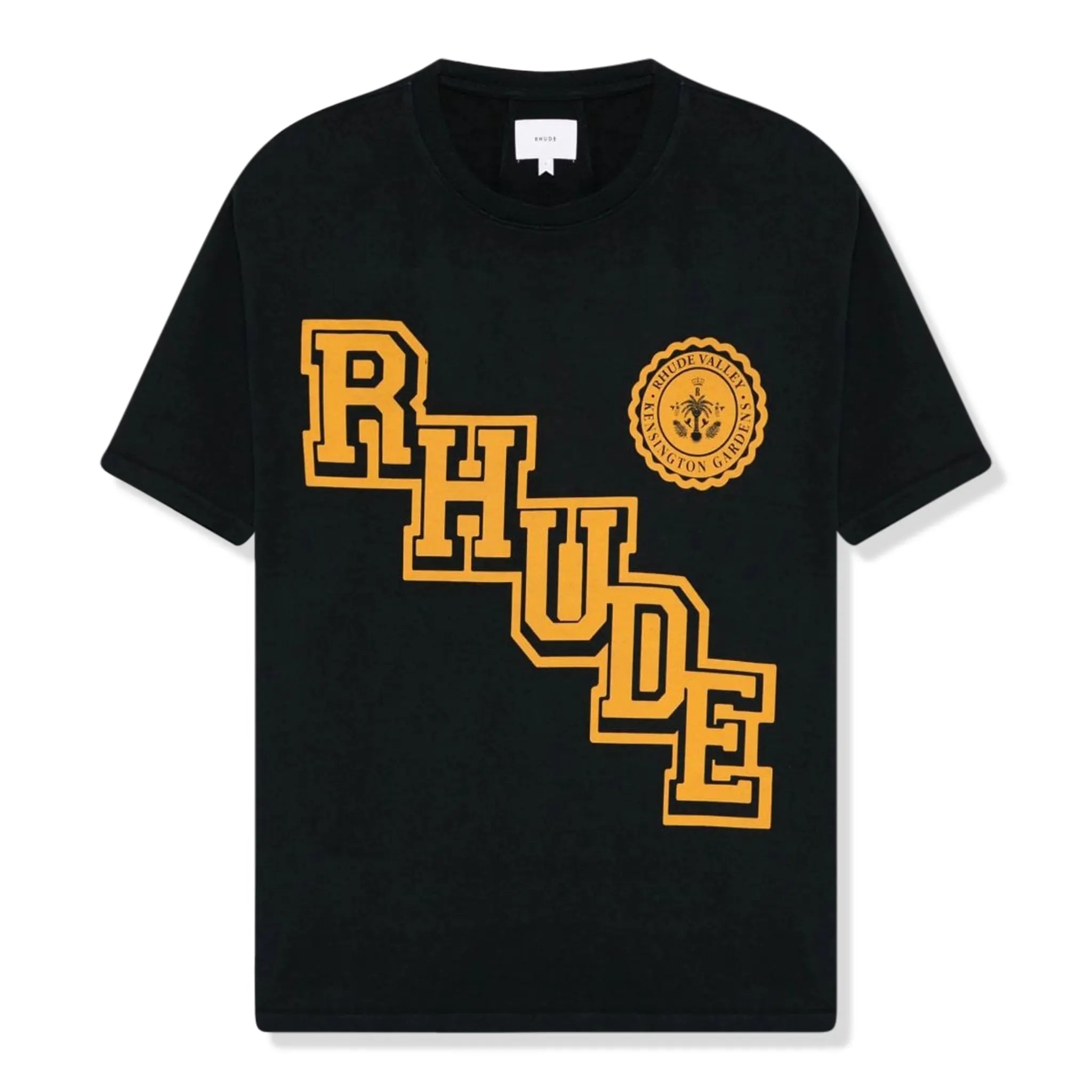 Front View of Rhude Collegiate Crest Black T Shirt RHPF25TT05012